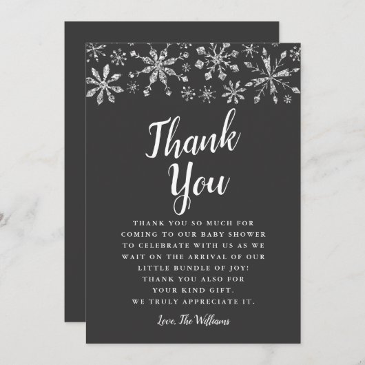 エレガントな銀製の冬の不思議の国のベビーシャワー サンキューカード (正面/裏面)