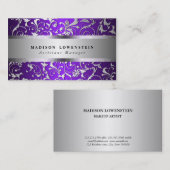 エレガントな銀製の華麗さ華美なパターン紫色 名刺 (正面/裏面)