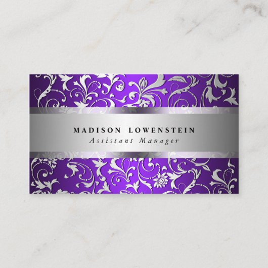 エレガントな銀製の華麗さ華美なパターン紫色 名刺 (正面)