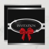 エレガントな銀製の黒く及び白い星の赤い弓 招待状 (正面/裏面)