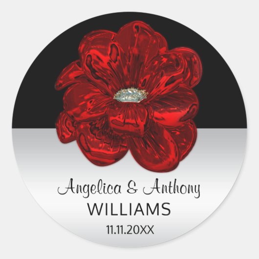 エレガントな銀、黒、赤いバラの結婚式のシール ラウンドシール (正面)