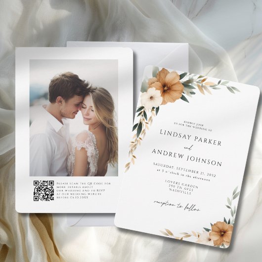 エレガントな銅とアースィーな植物写真の結婚式 招待状