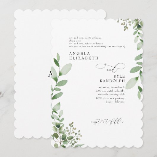 エレガントな階段状の緑のウェディング招待状（曲線縁取り） 招待状 (正面/裏面)