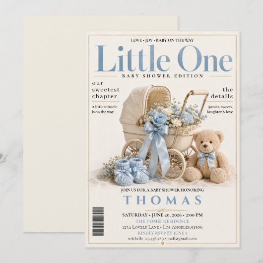エレガントな雑誌の表紙の男の子ベビーシャワー 招待状 (正面/裏面)