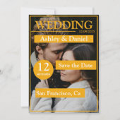 エレガントな雑誌の表紙 黄色 モダン フォト ウェディング セーブザデート (正面)