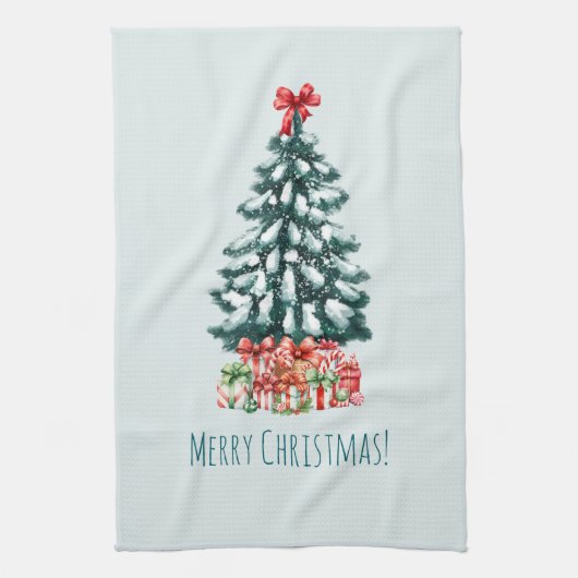 エレガントな雪のクリスマスツリー キッチンタオル (縦)