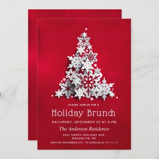 エレガントな雪のクリスマスツリー ホリデーブランチ 招待状 (正面/裏面)