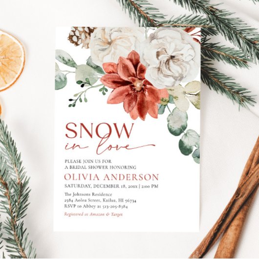 エレガントな雪の恋愛 赤い冬のブライダルシャワー 招待状