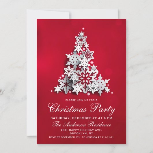 エレガントな雪の結晶のクリスマスツリー ホリデーパーティー 招待状 (正面)