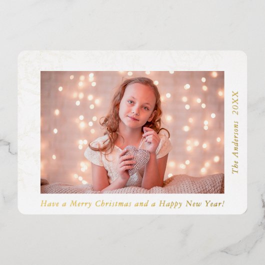 エレガントな雪の結晶 メリークリスマス カスタムフォト 箔シーズンカード (正面)