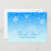 エレガントな雪片の青い冬の結婚式は感謝していしています ポストカード (正面/裏面)