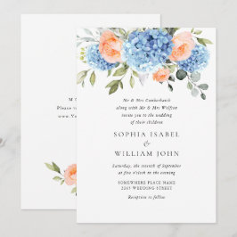 エレガントな青いアジサイと優しいピンクのバラのウェディング 招待状