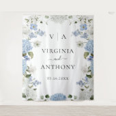 エレガントな青いアジサイと白いバラの花のウェディング タペストリー (正面)