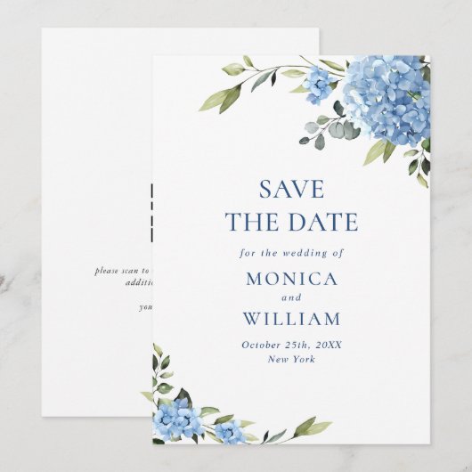 エレガントな青いアジサイのウェディングQRコード写真 セーブザデート (正面/裏面)