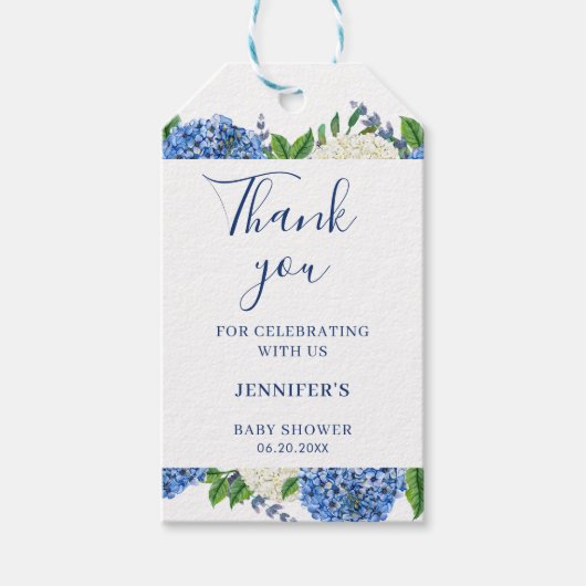 エレガントな青いアジサイのベビーシャワーお礼メッセージ ギフトタグ (正面)