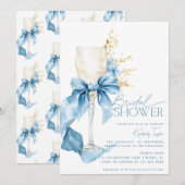 エレガントな青いアジサイのボウシャンパン ブライダルシャワー 招待状 (正面/裏面)