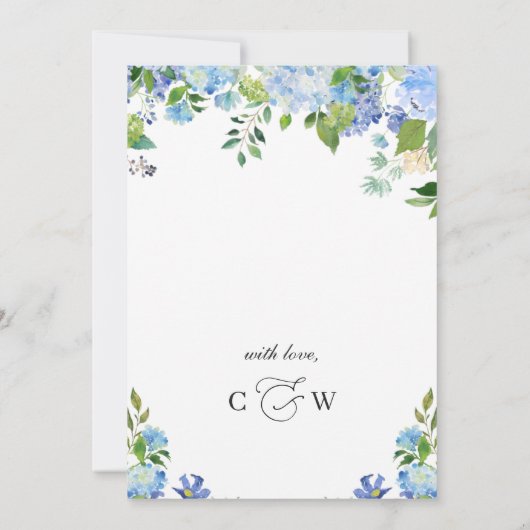 エレガントな青いアジサイの水彩画 ブライダルランチョン 招待状 (裏面)
