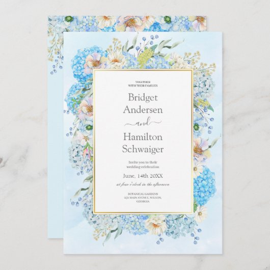 エレガントな青いアジサイの結婚式招待状 セーブザデート (正面/裏面)