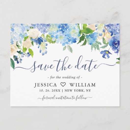 エレガントな青いアジサイの結婚式　Save The Date ポストカード (正面)