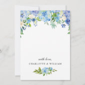 エレガントな青いアジサイの花のエンゲージメントパーティー 招待状 (裏面)