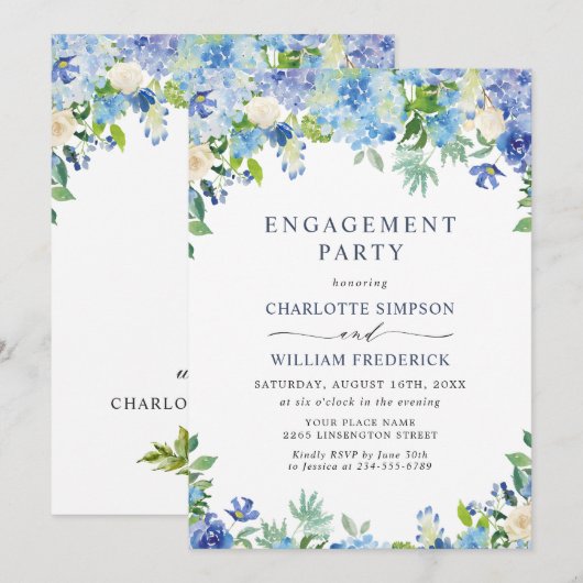 エレガントな青いアジサイの花のエンゲージメントパーティー 招待状 (正面/裏面)