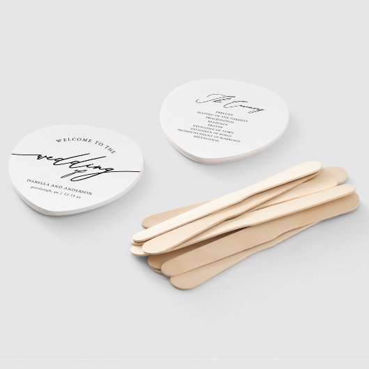 エレガントな青いカリグラフィー結婚式プログラム扇 ハンドファン (組立なし)