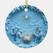 エレガントな青いキリスト降誕のシーン クリスマスオーナメント (正面)