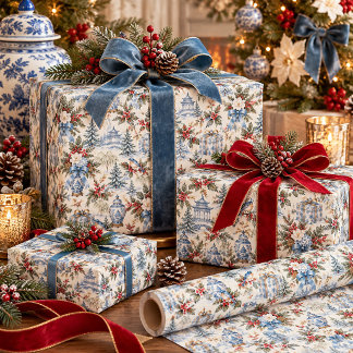 エレガントな青いシノワズリーのクリスマス しょうぶ型陶器 ラッピングペーパー