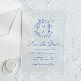 エレガントな青いシノワズリーデザインの結婚式Save the Date アクリル招待状
