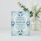エレガントな青いシノワズリーフラワーの花嫁のシャワー ポストカード (スタンド正面)