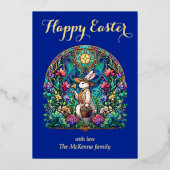 エレガントな青いステンドグラスのウサギの庭師 イースター 箔シーズンカード (正面)