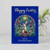 エレガントな青いステンドグラスのウサギの庭師 イースター 箔シーズンカード (立ち正面)
