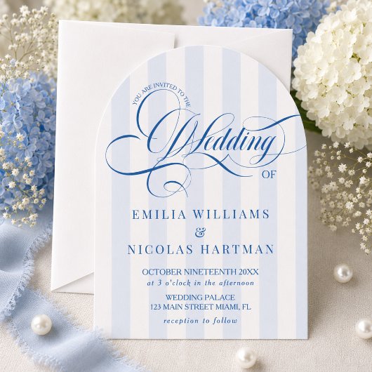 エレガントな青いストライプの結婚式RSVP 招待状
