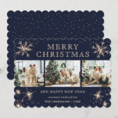 エレガントな青いスパークリーな雪の結晶3枚の写真コラージュ シーズンカード (正面/裏面)