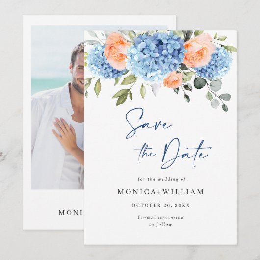エレガントな青いハイドランジアとバラのフラワーの結婚式 セーブザデート (正面/裏面)