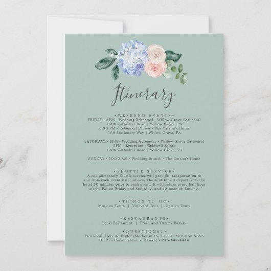 エレガントな青いハイドランジアのウェルカムレター＆スケジュール (裏面)