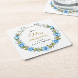 エレガントな青いバラとベイビーズブレス スクエアペーパーコースター