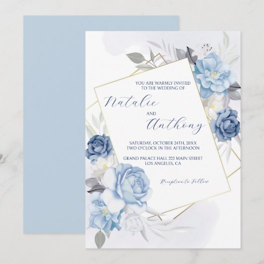 エレガントな青いバラのウェディング 招待状 (正面/裏面)