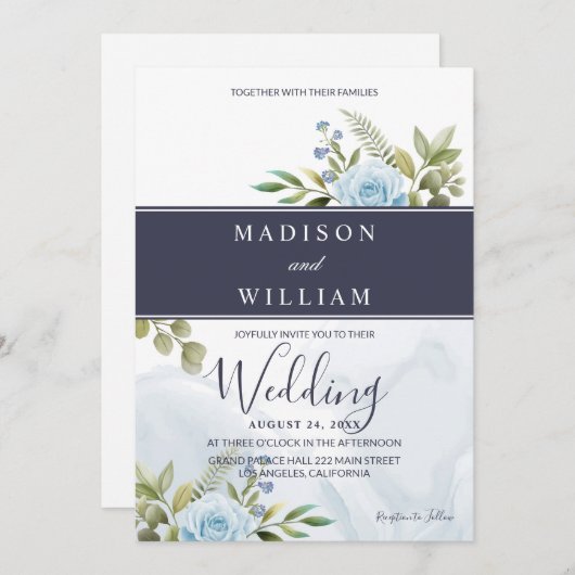 エレガントな青いバラのウェディング 招待状 (正面/裏面)