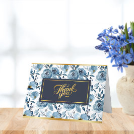 エレガントな青いバラの白い模様の コテージコア サンキューカード