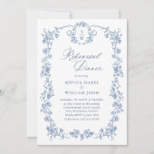 エレガントな青いフランスのバラのトワール リハーサルディナー 招待状 (正面)