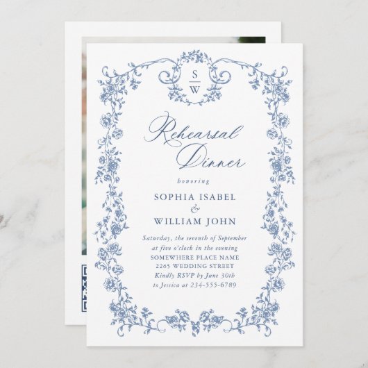 エレガントな青いフランスのバラのトワール リハーサルディナー 招待状 (正面/裏面)