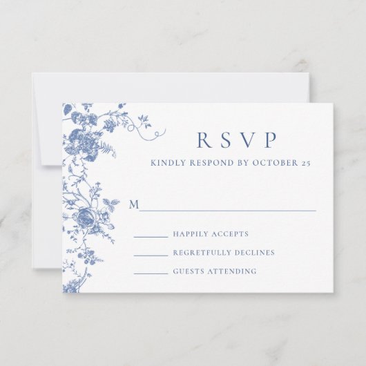 エレガントな青いフランスのバラの庭のトワールウェディング 出欠カード (正面)