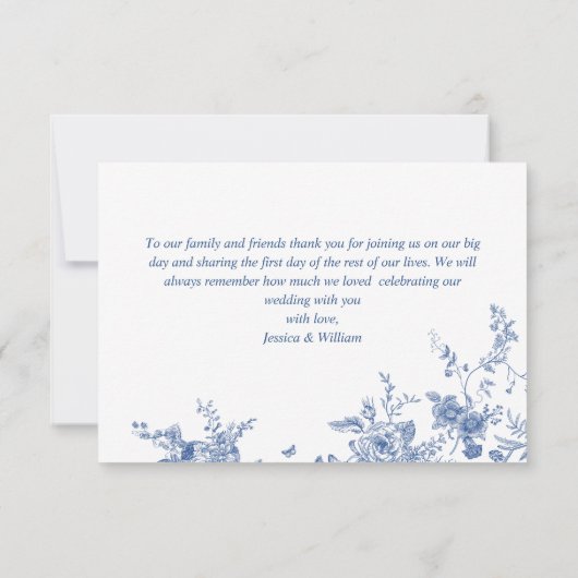 エレガントな青いフランス庭園の花 ウェディングフォト サンキューカード (裏面)