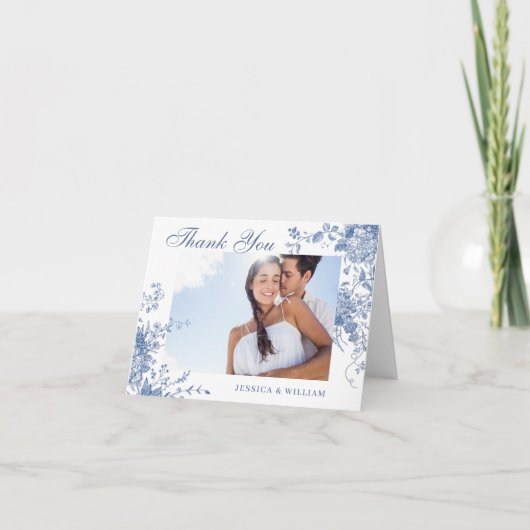 エレガントな青いフランス庭園の花 ウェディングフォト サンキューカード (正面)