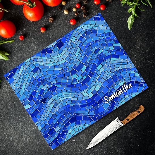 エレガントな青いモザイクの波のステンドグラス カッティングボード