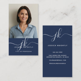 エレガントな青いモノグラムスクリプトのイニシャル写真 名刺
