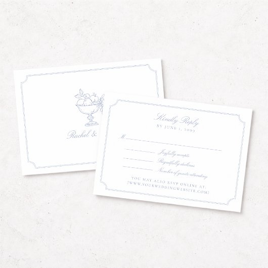 エレガントな青い二重枠の結婚式RSVPカード 出欠カード