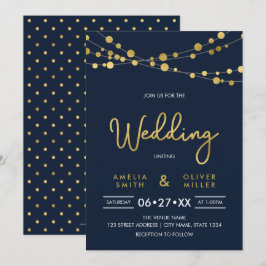 エレガントな青い光のストリングス ウェディング 招待状