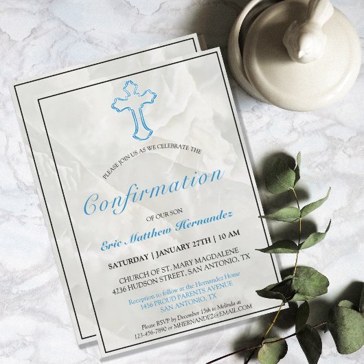 エレガントな青い十字架のマーブル男子確認式招待状 招待状